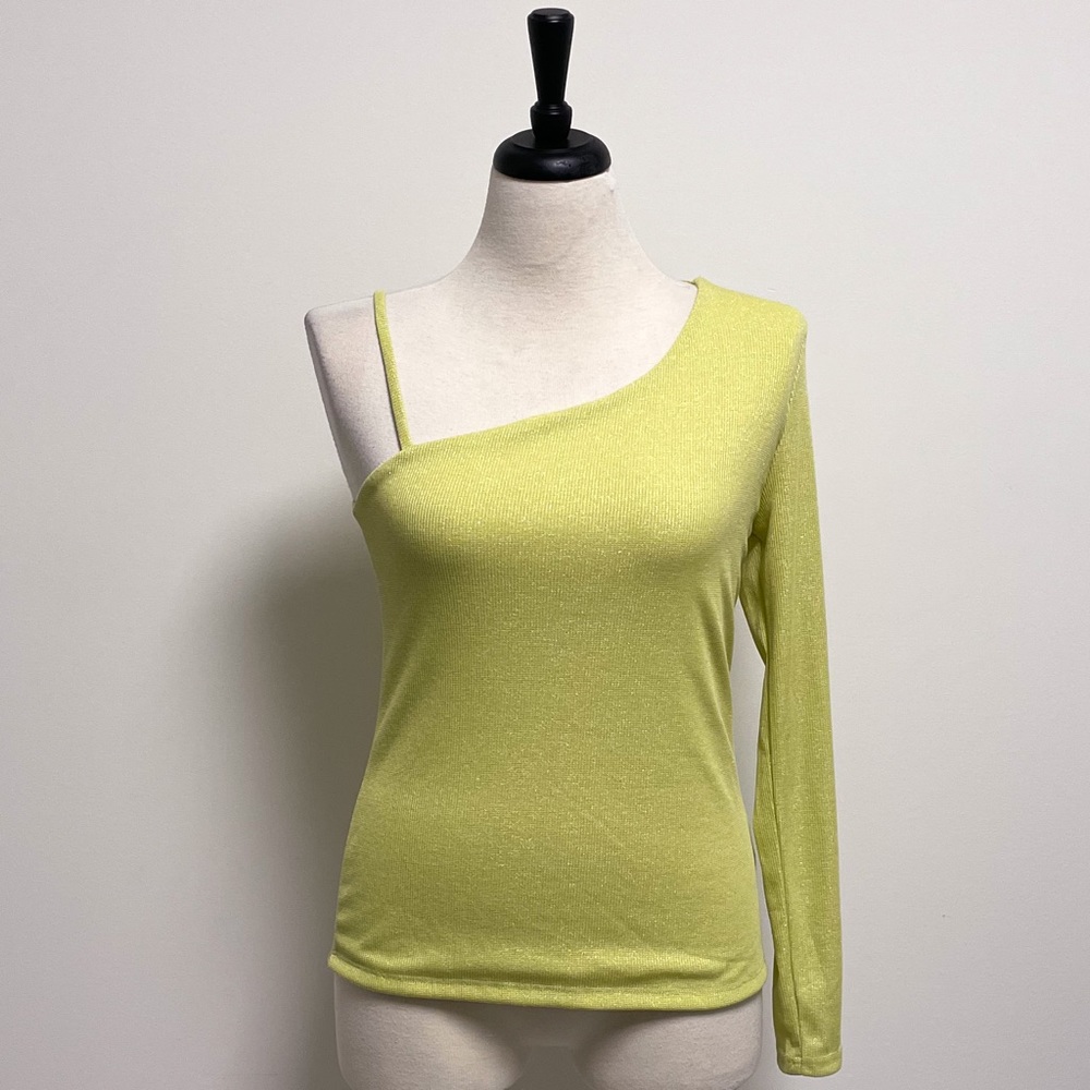 Sweet Rain Lime Silver One Shoulder Waffle Knit Top Metallic Silver Sparkles